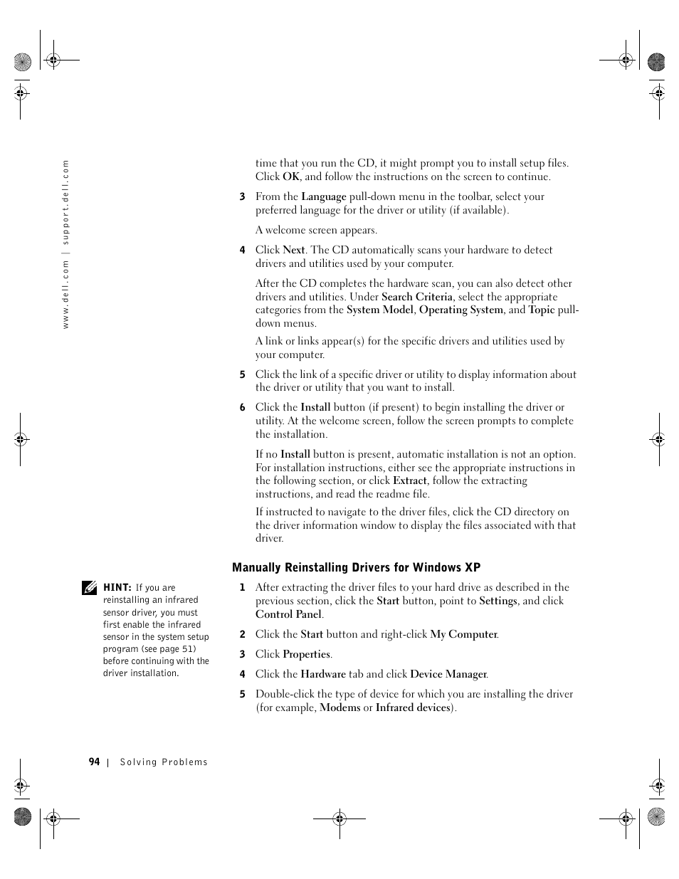 Manually reinstalling drivers for windows xp | Dell Inspiron 8200 User Manual | Page 94 / 162