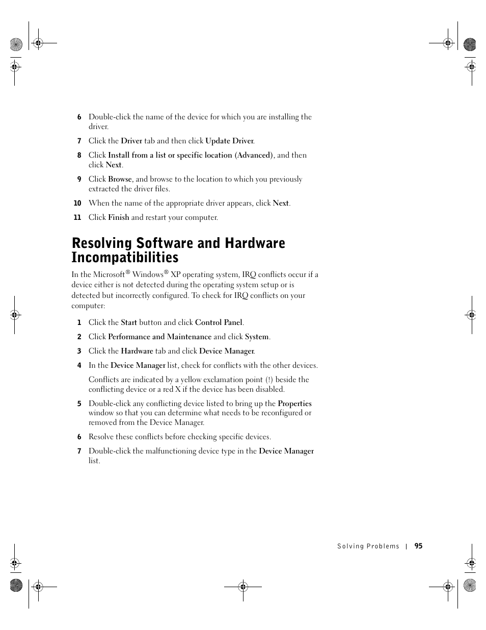 Resolving software and hardware incompatibilities | Dell Inspiron 8200 User Manual | Page 95 / 162