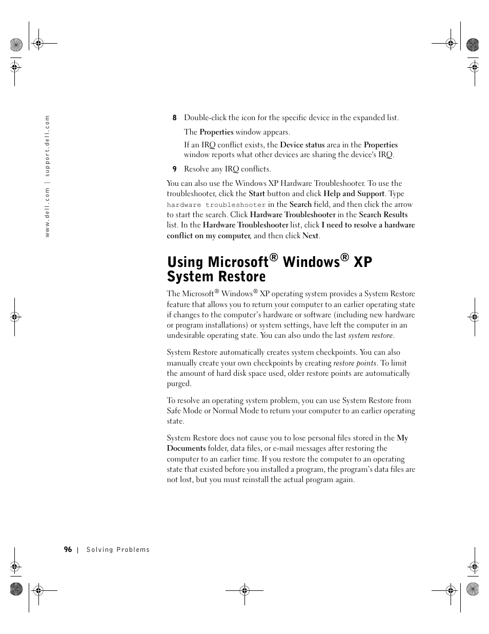 Using microsoft® windows® xp system restore, Using microsoft, Windows | Xp system restore | Dell Inspiron 8200 User Manual | Page 96 / 162