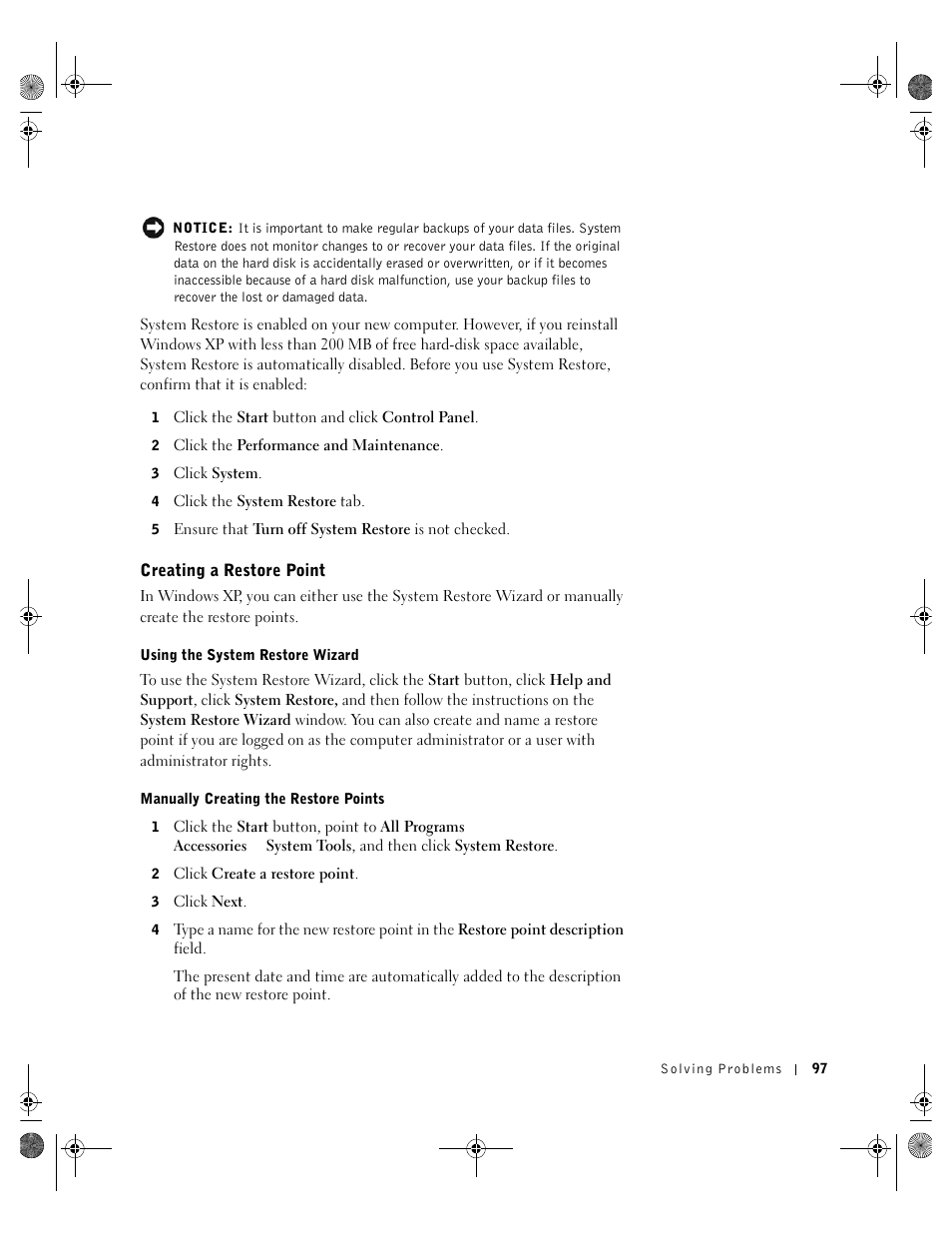 Creating a restore point | Dell Inspiron 8200 User Manual | Page 97 / 162