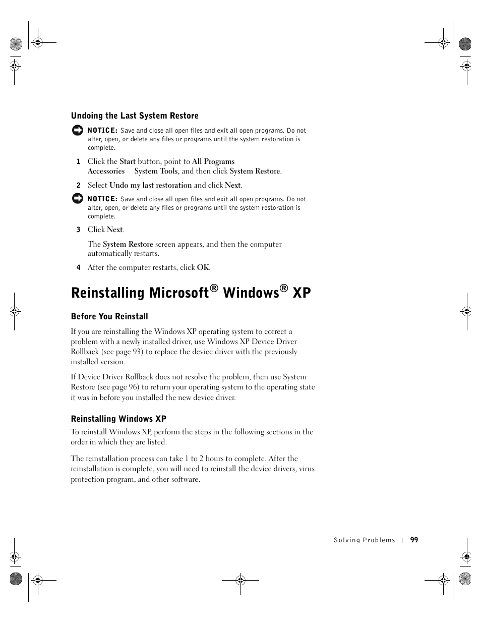 Reinstalling microsoft® windows® xp, Undoing the last system restore, Reinstalling microsoft | Before you reinstall, Reinstalling windows xp, Windows | Dell Inspiron 8200 User Manual | Page 99 / 162