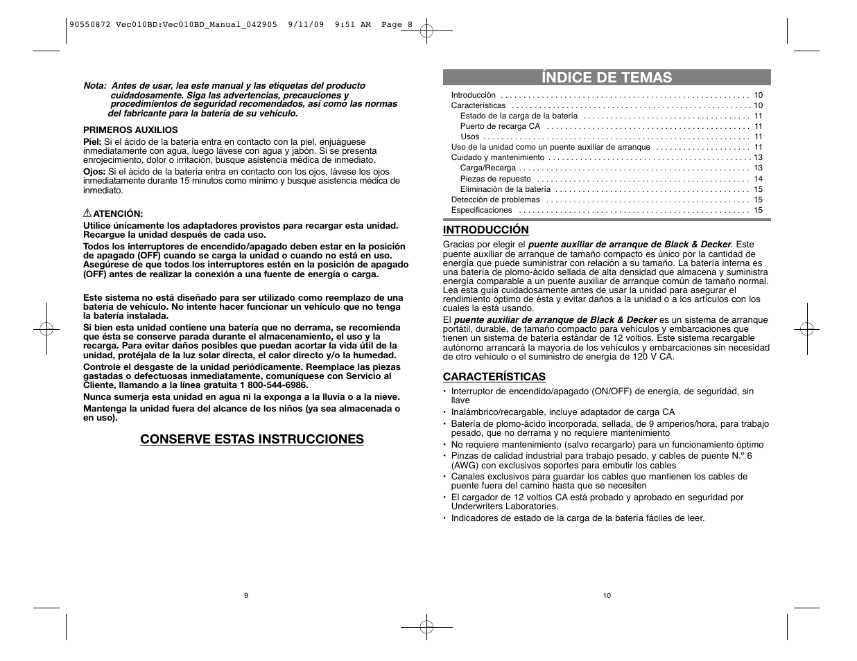 Índice de temas, Able of contents, Conserve estas instrucciones | Black & Decker Start-It 90550872 User Manual | Page 7 / 10