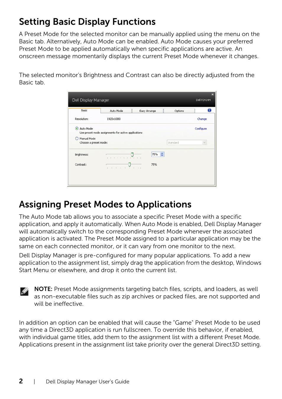 Assigning preset modes to applications, Setting basic display functions | Dell E2214Hv Monitor China Only User Manual | Page 2 / 4