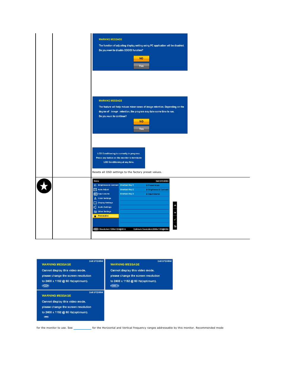 Osd warning messages | Dell SP2309WFP Monitor User Manual | Page 21 / 36