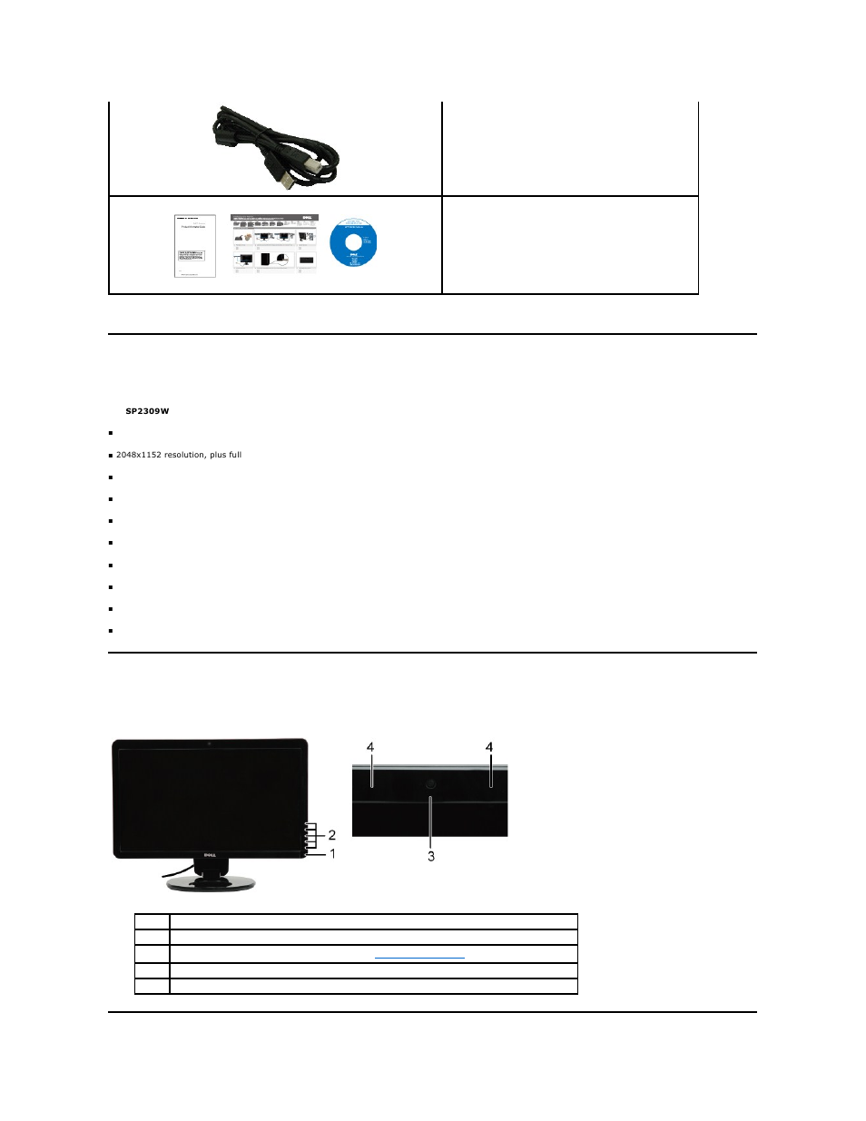 Product features, Identifying parts and controls, Identifying parts and controls front view | Dell SP2309WFP Monitor User Manual | Page 3 / 36