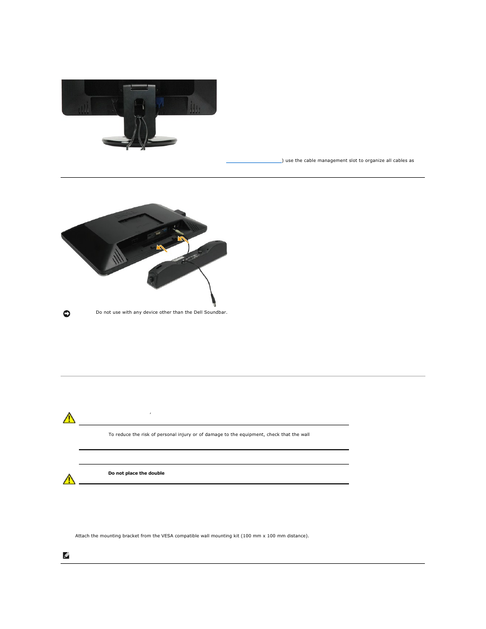 Organizing your cables, Attaching the soundbar (optional), Attaching the soundbar(optional) | Dell SP2309WFP Monitor User Manual | Page 30 / 36