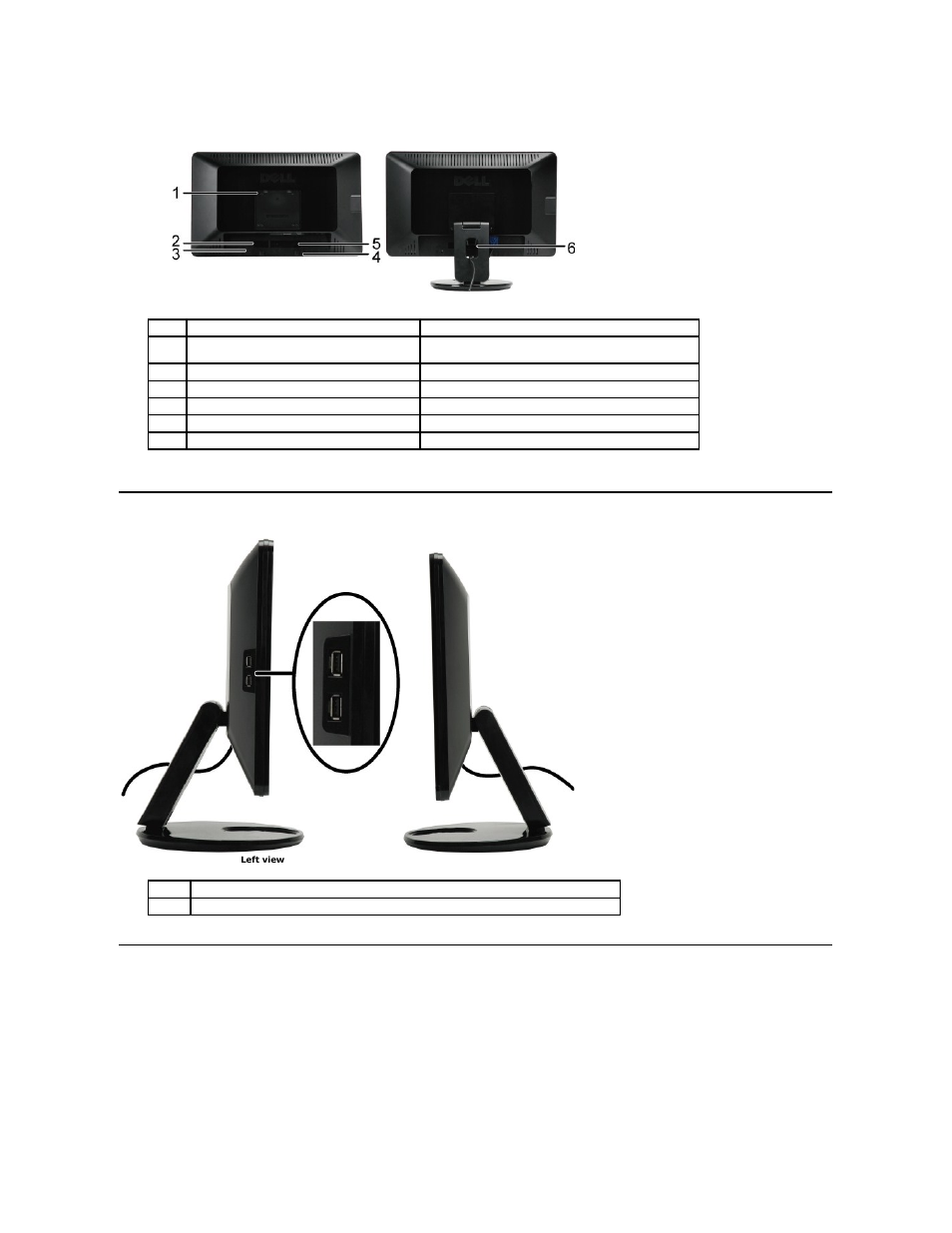 Back view, Side view, Bottom view | Dell SP2309WFP Monitor User Manual | Page 4 / 36