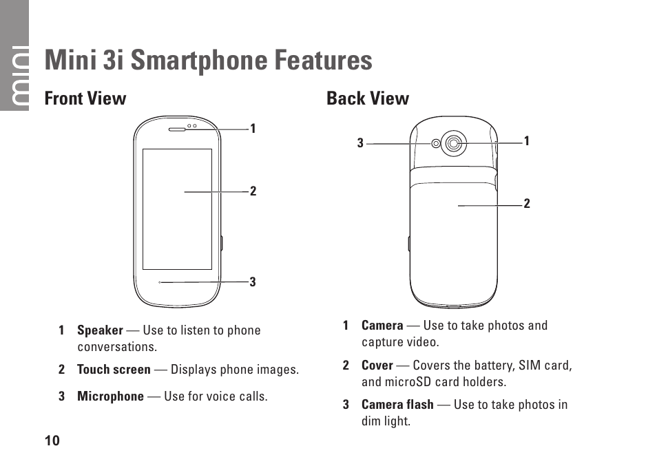 Mini 3i smartphone features, Front view, Back view | Front view back view | Dell Mini3 User Manual | Page 12 / 26