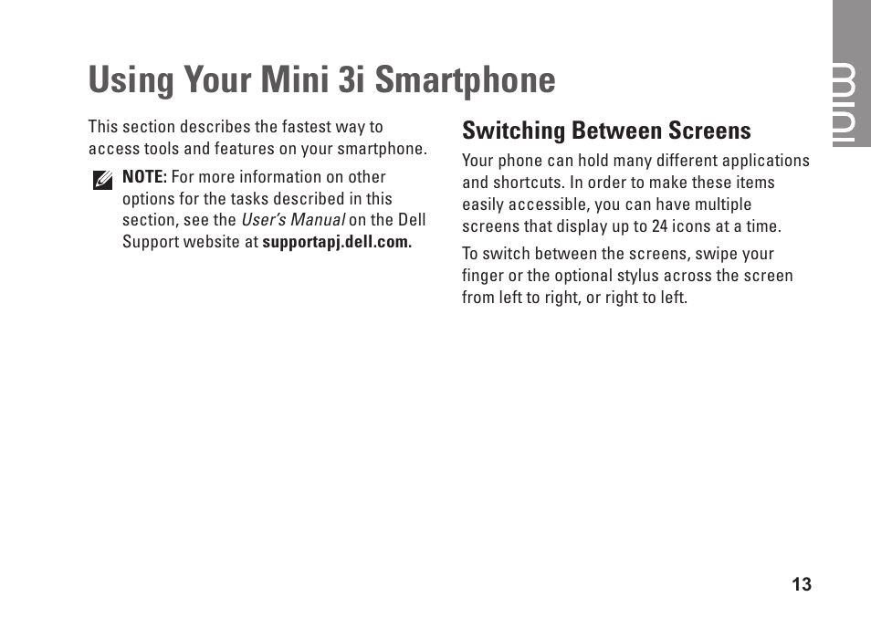 Using your mini 3i smartphone, Switching between screens | Dell Mini3 User Manual | Page 15 / 26