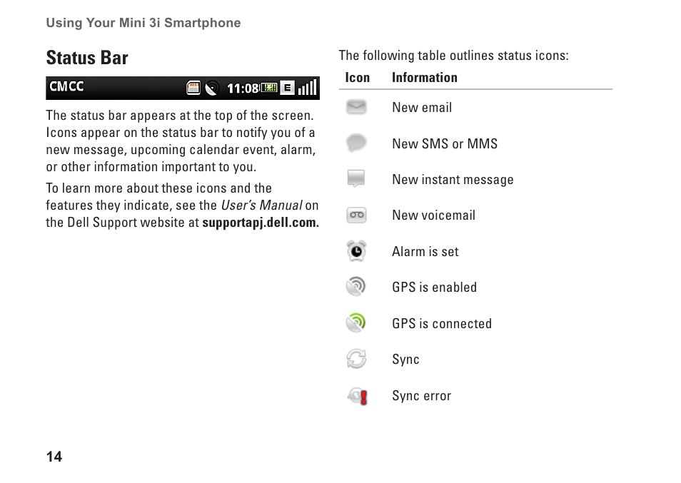 Status bar | Dell Mini3 User Manual | Page 16 / 26