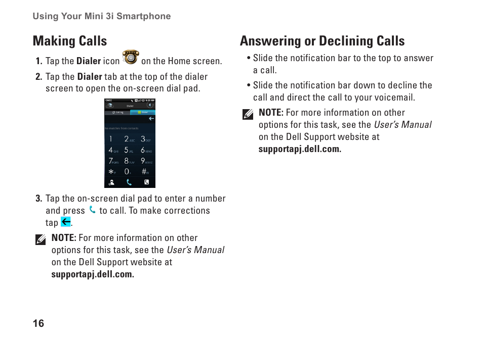 Making calls, Answering or declining calls, Making calls answering or declining calls | Dell Mini3 User Manual | Page 18 / 26