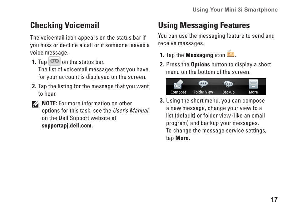 Checking voicemail, Using messaging features, Checking voicemail using messaging features | Dell Mini3 User Manual | Page 19 / 26