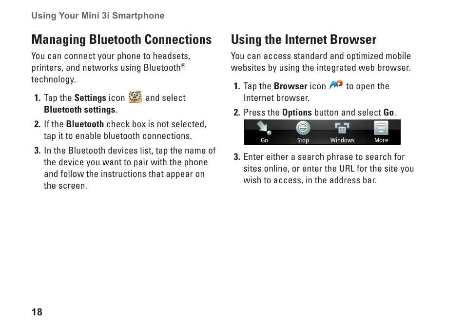 Managing bluetooth connections, Using the internet browser | Dell Mini3 User Manual | Page 20 / 26