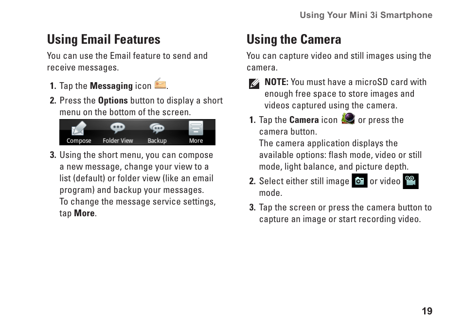 Using email features, Using the camera, Using email features using the camera | Dell Mini3 User Manual | Page 21 / 26