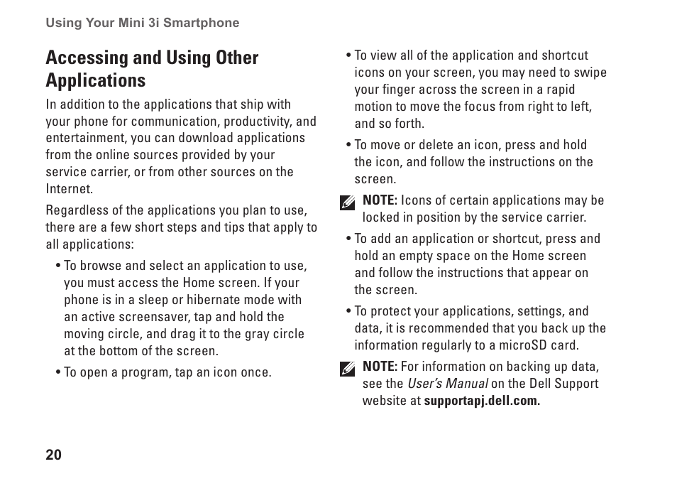 Accessing and using other applications, Accessing and using other, Applications | Dell Mini3 User Manual | Page 22 / 26