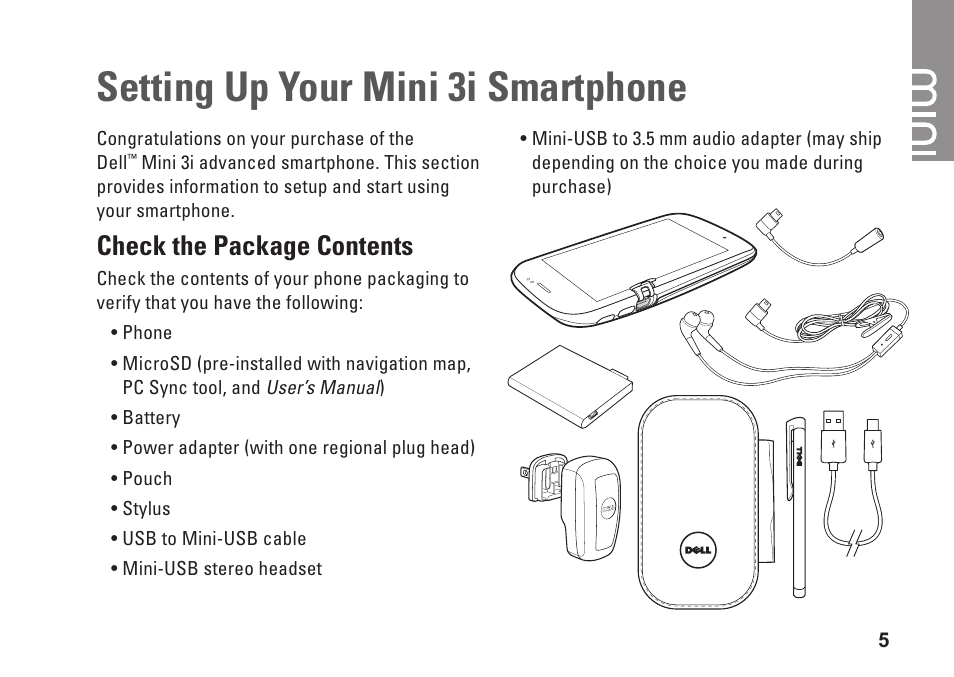 Setting up your mini 3i smartphone, Check the package contents | Dell Mini3 User Manual | Page 7 / 26