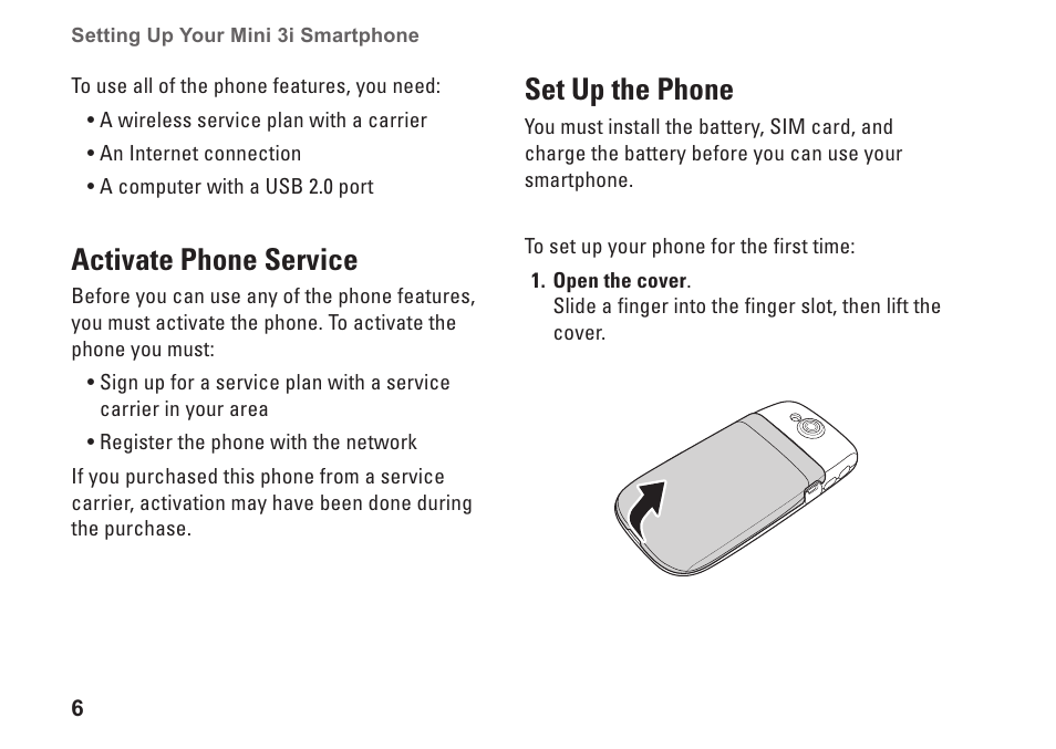 Activate phone service, Set up the phone, Activate phone service set up the phone | Dell Mini3 User Manual | Page 8 / 26