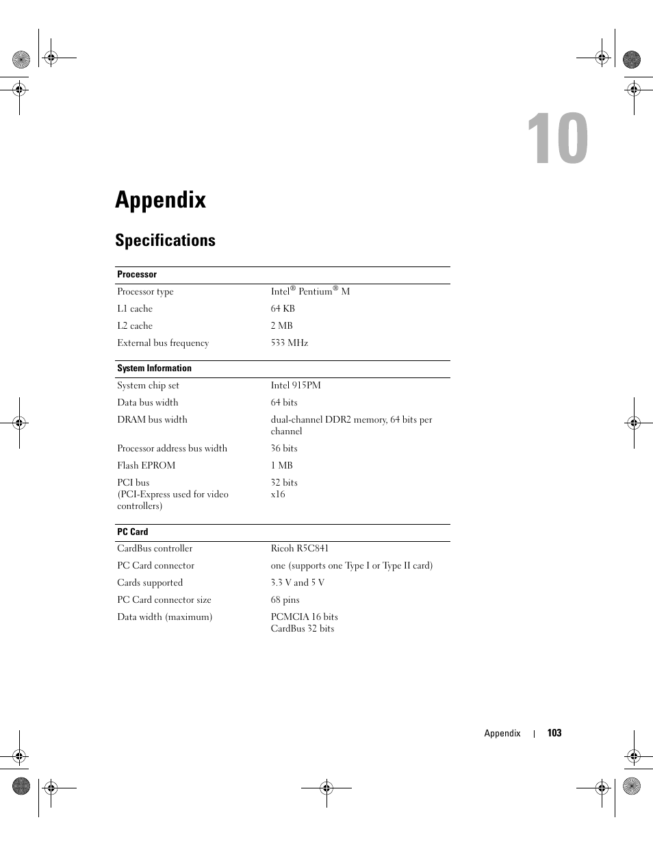 Appendix, Specifications, 10 appendix | Dell Inspiron XPS Gen 2 User Manual | Page 103 / 134