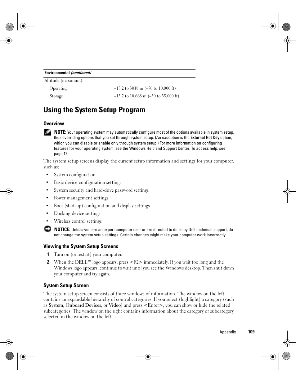 Using the system setup program, Overview, Viewing the system setup screens | System setup screen | Dell Inspiron XPS Gen 2 User Manual | Page 109 / 134