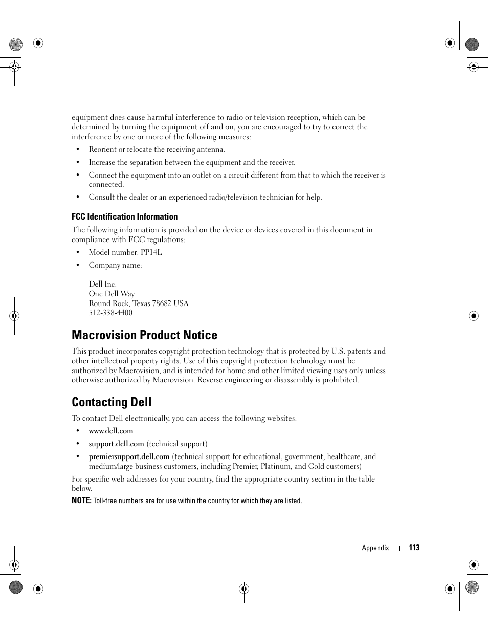 Fcc identification information, Macrovision product notice, Contacting dell | Contact dell. see "contacting dell | Dell Inspiron XPS Gen 2 User Manual | Page 113 / 134