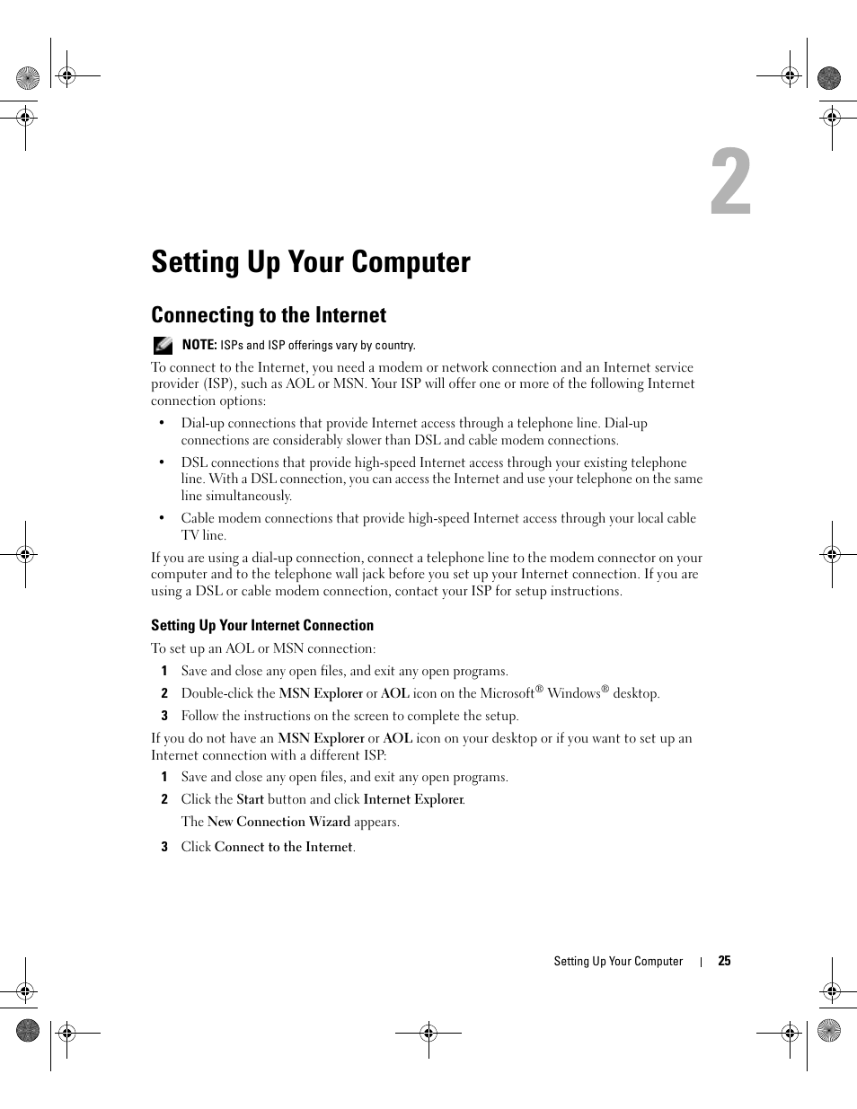 Setting up your computer, Connecting to the internet, Setting up your internet connection | Dell Inspiron XPS Gen 2 User Manual | Page 25 / 134