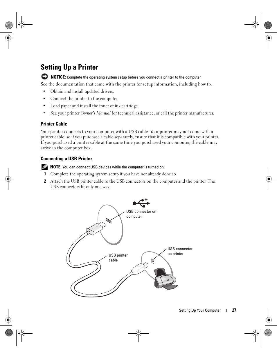 Setting up a printer, Printer cable, Connecting a usb printer | Dell Inspiron XPS Gen 2 User Manual | Page 27 / 134