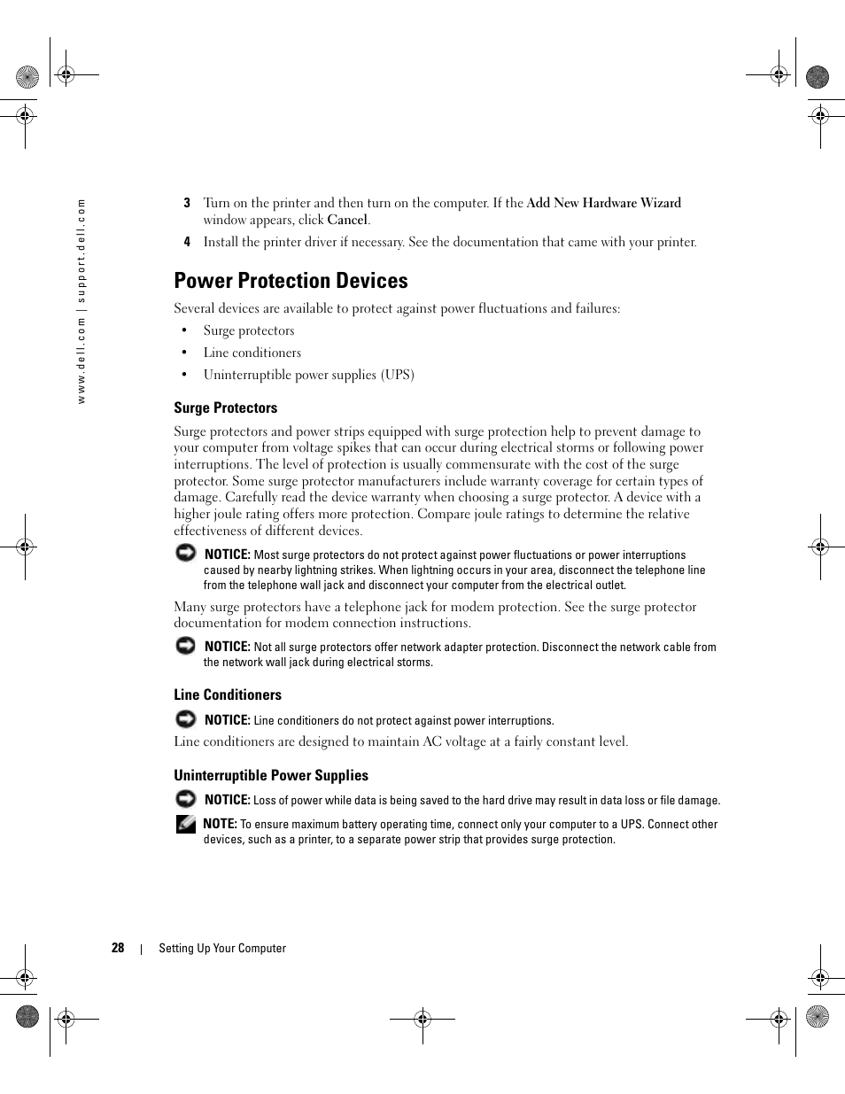 Power protection devices, Surge protectors, Line conditioners | Uninterruptible power supplies | Dell Inspiron XPS Gen 2 User Manual | Page 28 / 134