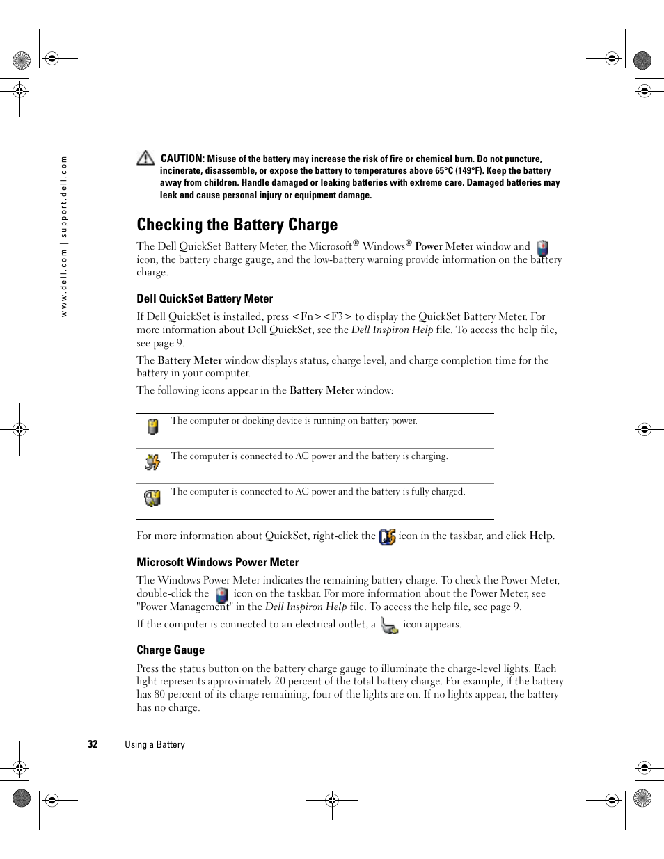 Checking the battery charge, Dell quickset battery meter, Microsoft windows power meter | Charge gauge | Dell Inspiron XPS Gen 2 User Manual | Page 32 / 134