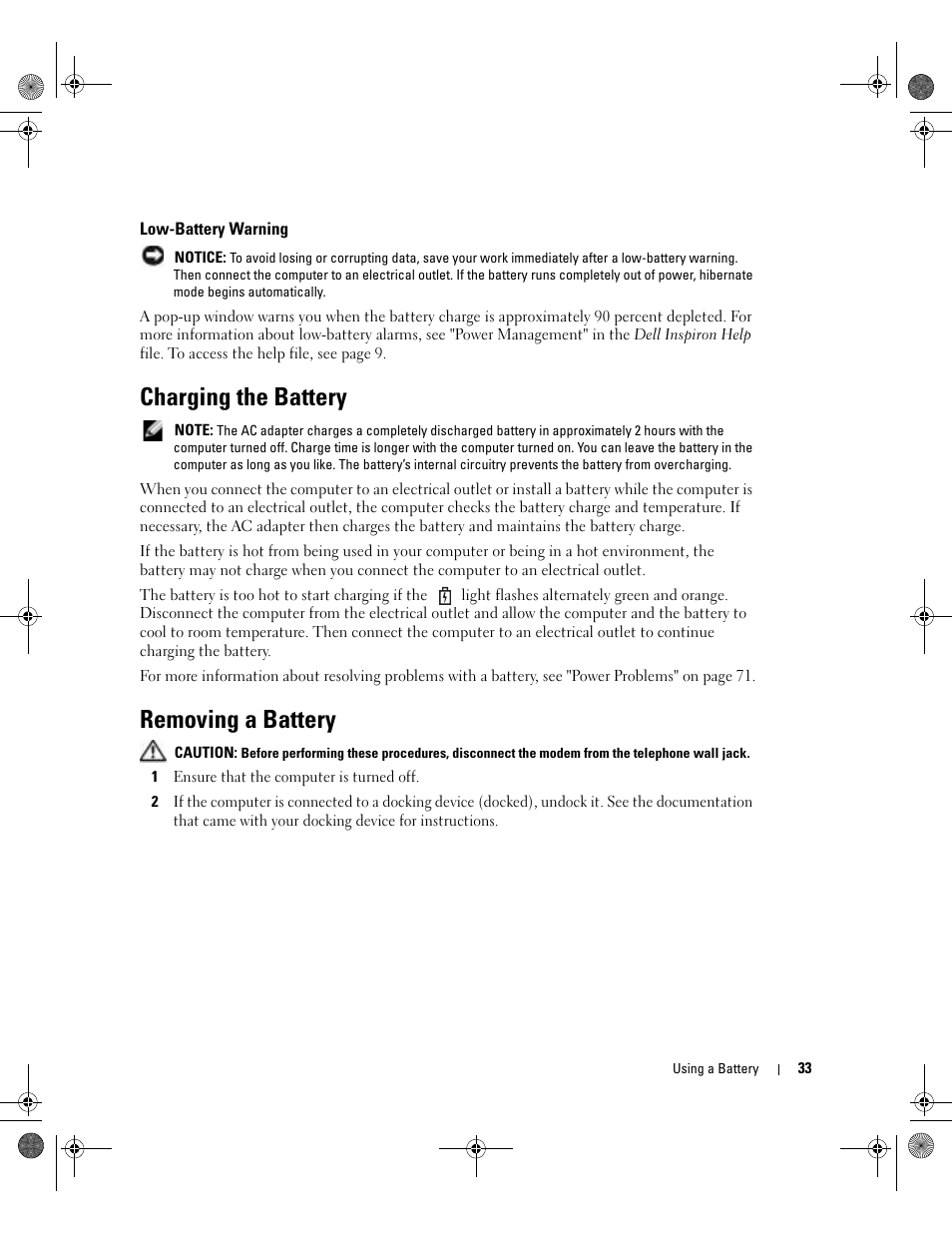 Low-battery warning, Charging the battery, Removing a battery | Ge is low | Dell Inspiron XPS Gen 2 User Manual | Page 33 / 134