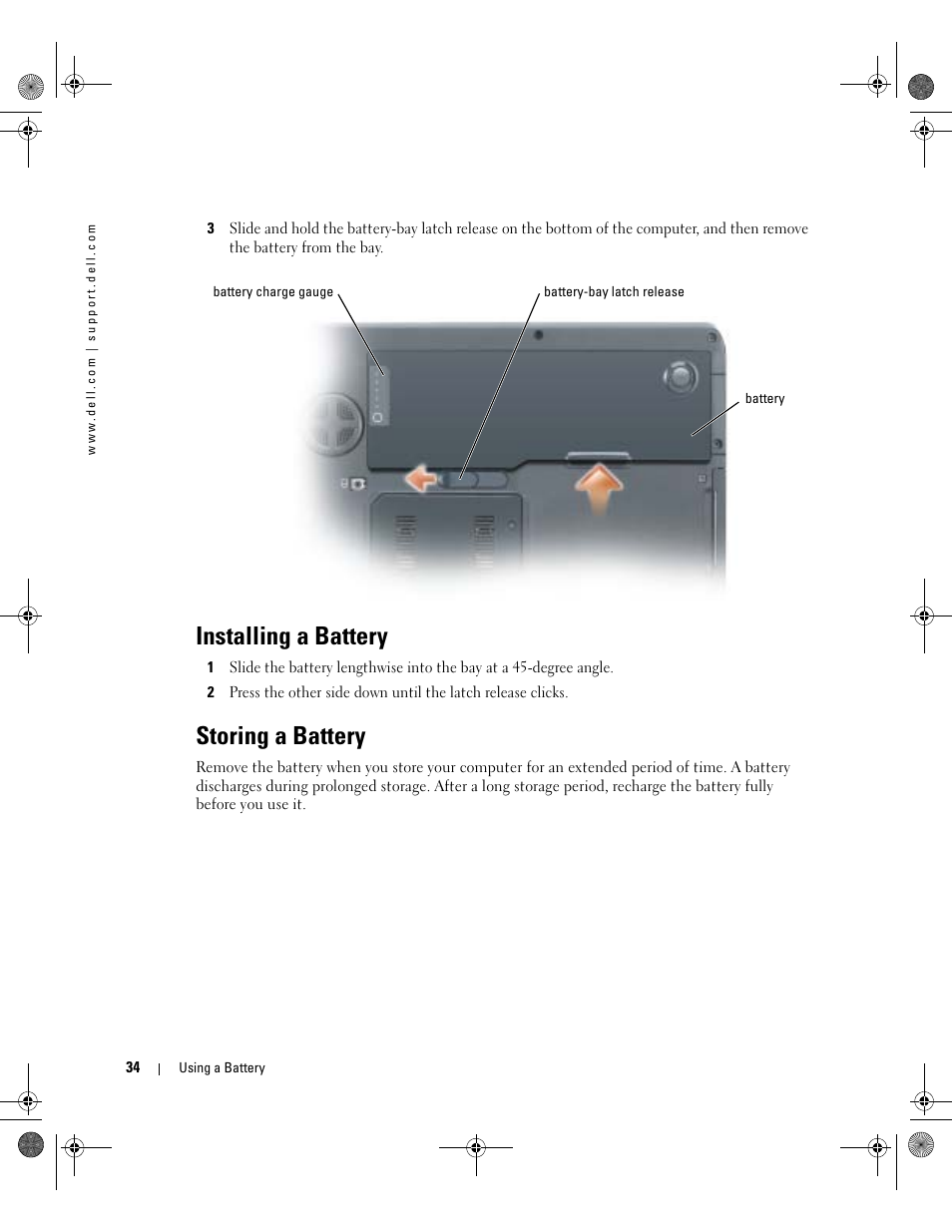 Installing a battery, Storing a battery | Dell Inspiron XPS Gen 2 User Manual | Page 34 / 134