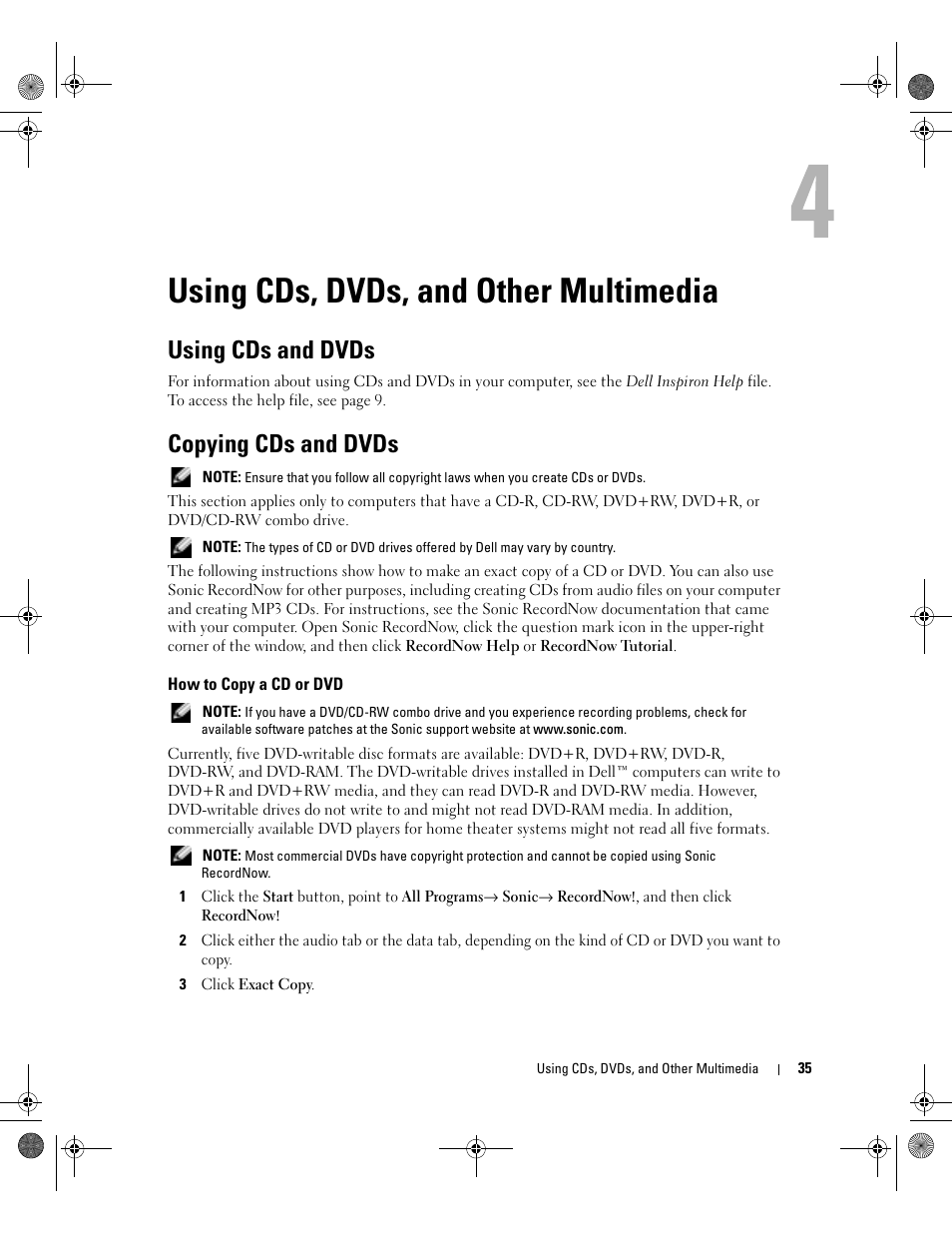 Using cds, dvds, and other multimedia, Using cds and dvds, Copying cds and dvds | How to copy a cd or dvd | Dell Inspiron XPS Gen 2 User Manual | Page 35 / 134