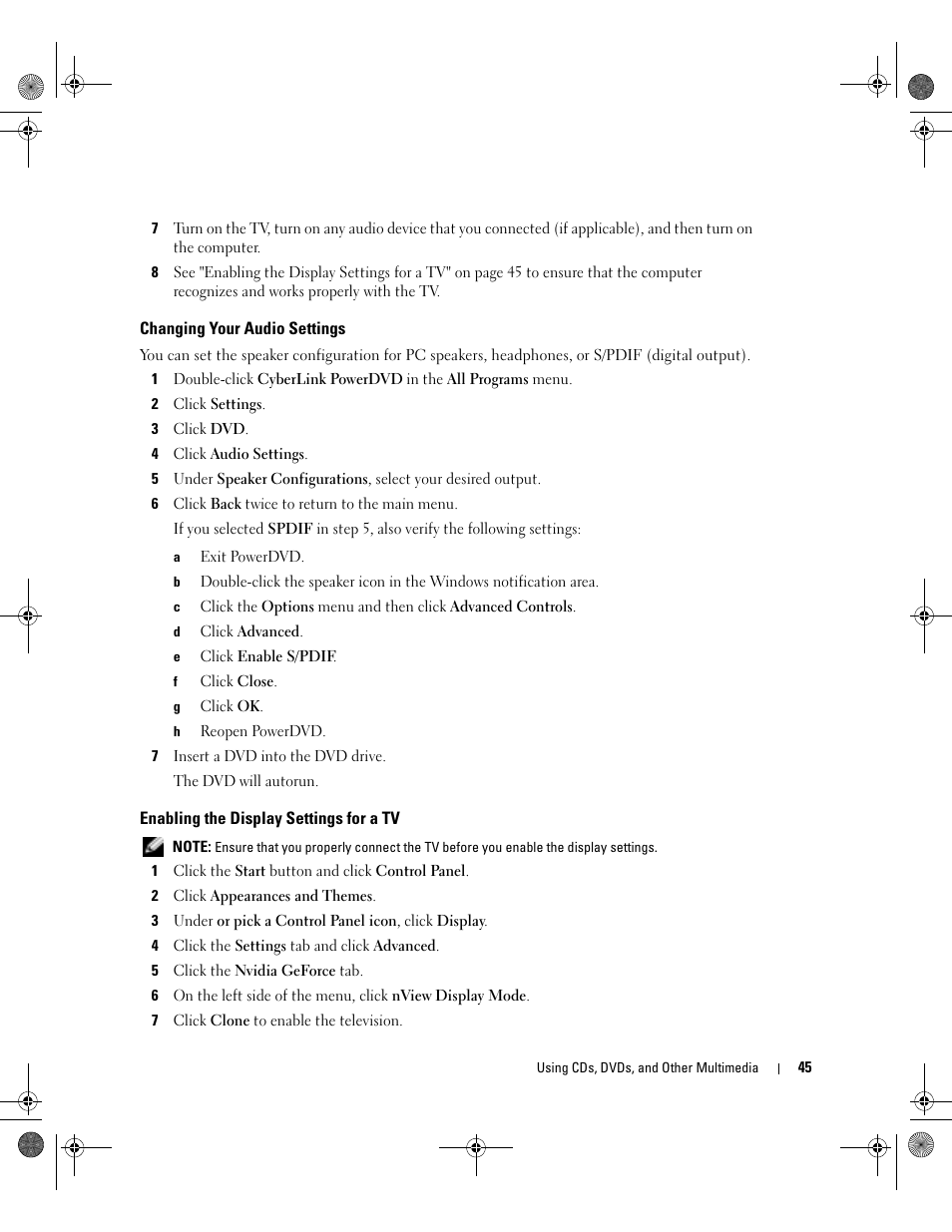 Changing your audio settings, Enabling the display settings for a tv | Dell Inspiron XPS Gen 2 User Manual | Page 45 / 134