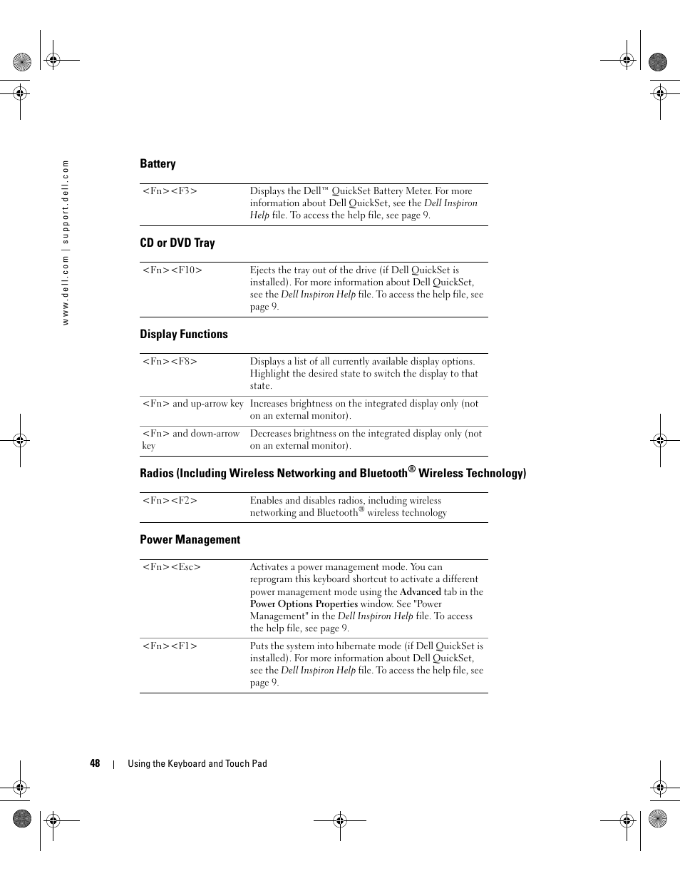 Battery, Cd or dvd tray, Display functions | Power management | Dell Inspiron XPS Gen 2 User Manual | Page 48 / 134