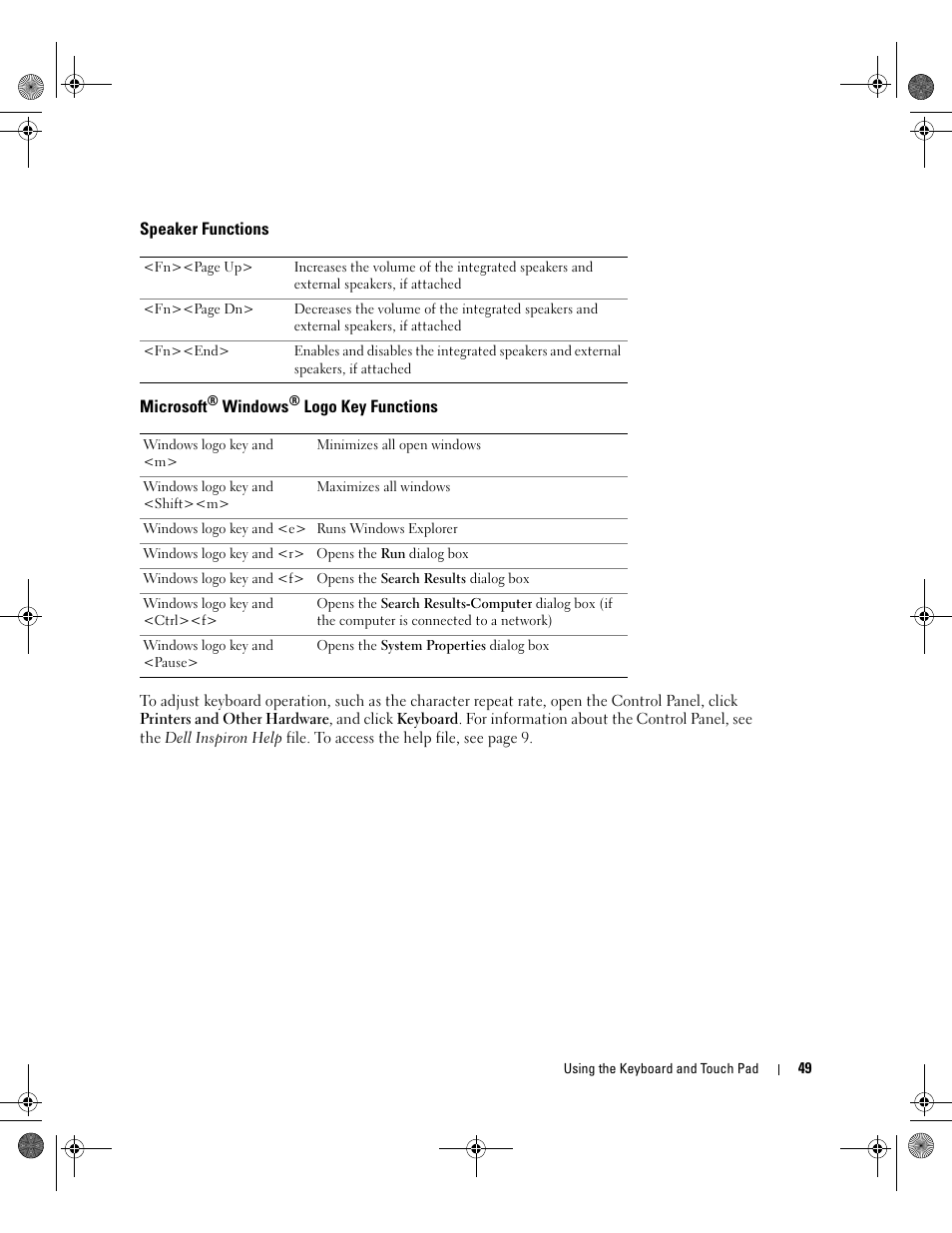 Speaker functions, Microsoft® windows® logo key functions, Microsoft | Dell Inspiron XPS Gen 2 User Manual | Page 49 / 134