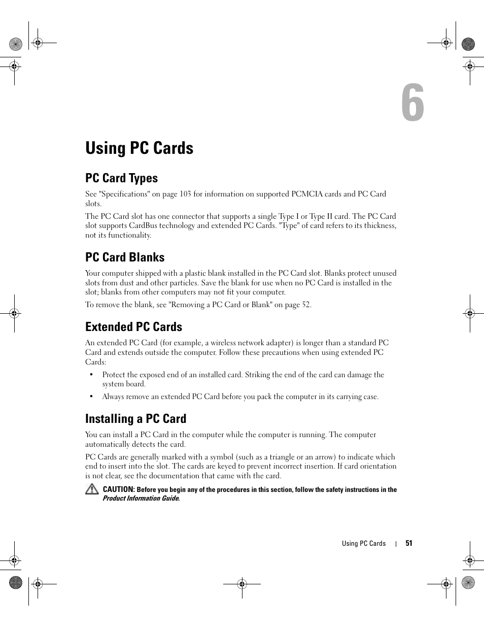 Using pc cards, Pc card types, Pc card blanks | Extended pc cards, Installing a pc card | Dell Inspiron XPS Gen 2 User Manual | Page 51 / 134