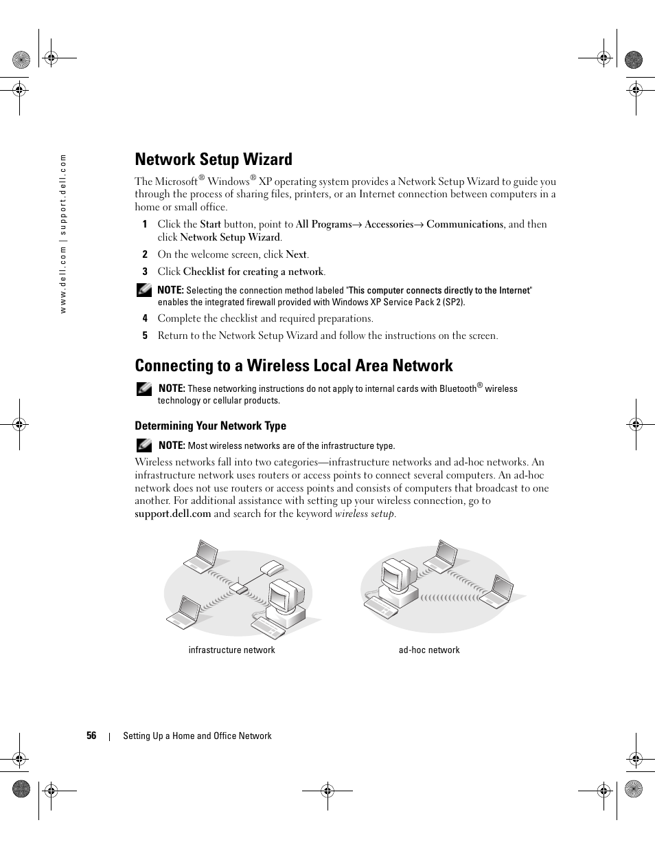 Network setup wizard, Connecting to a wireless local area network, Determining your network type | Dell Inspiron XPS Gen 2 User Manual | Page 56 / 134