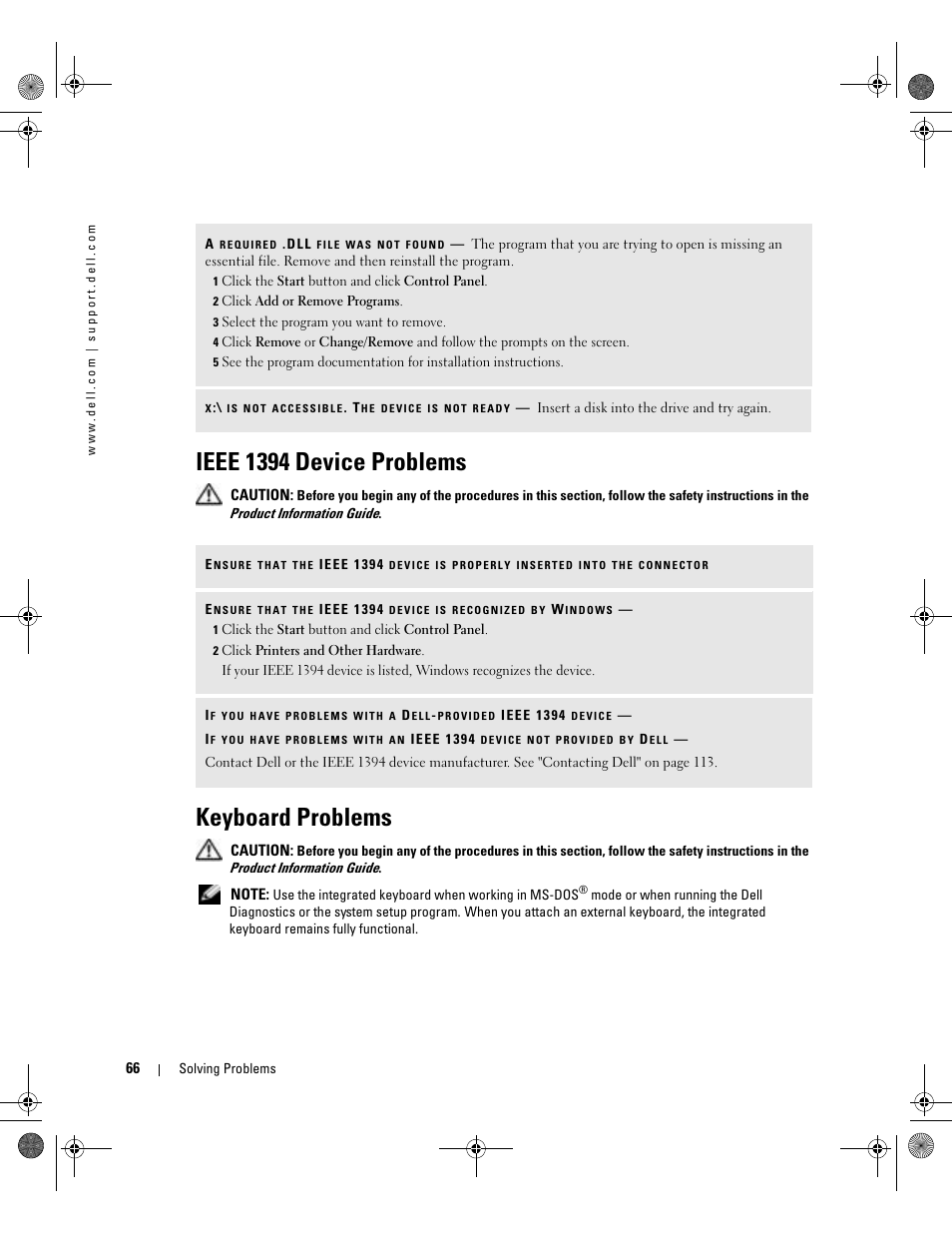 Ieee 1394 device problems, Keyboard problems | Dell Inspiron XPS Gen 2 User Manual | Page 66 / 134