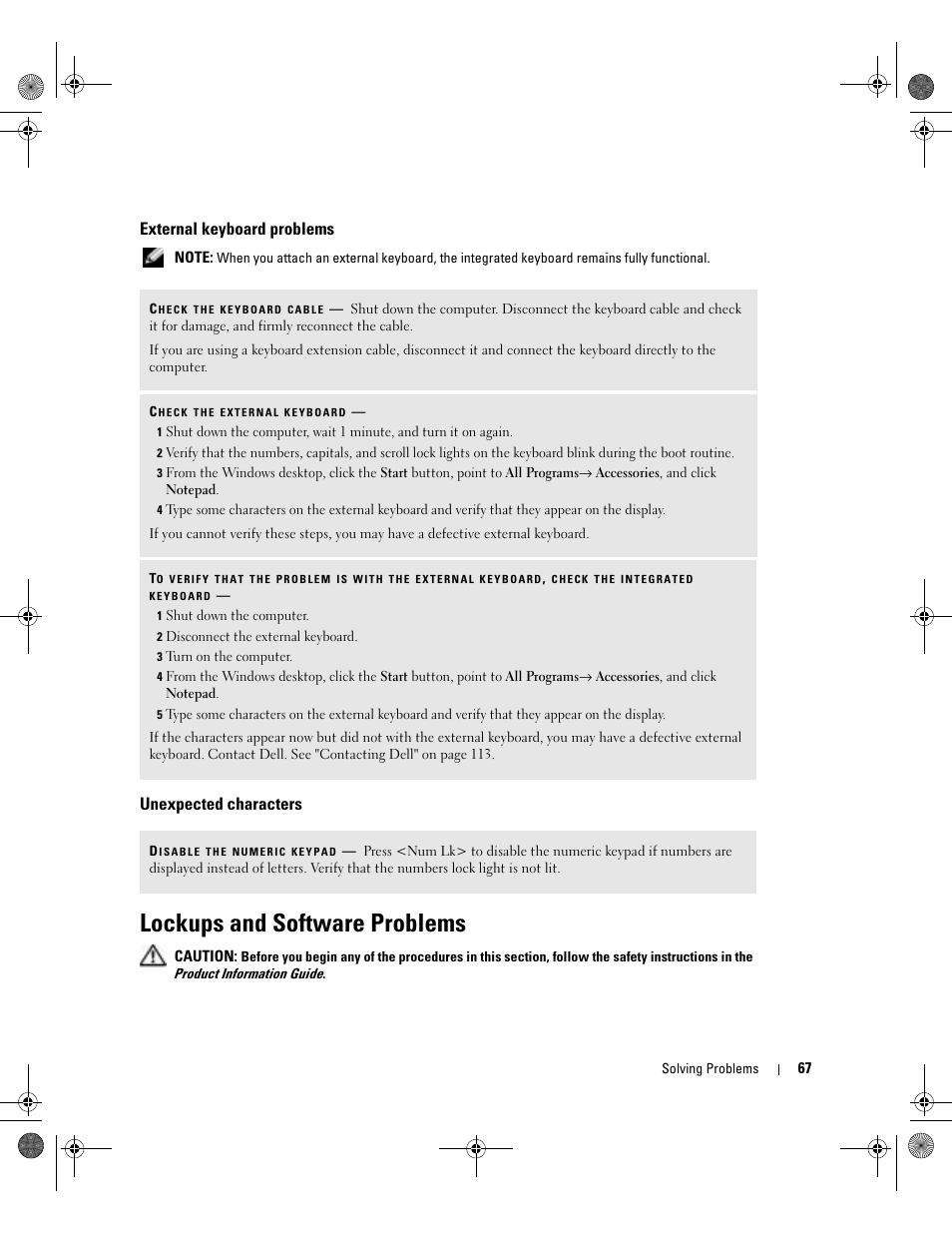 External keyboard problems, Unexpected characters, Lockups and software problems | Dell Inspiron XPS Gen 2 User Manual | Page 67 / 134