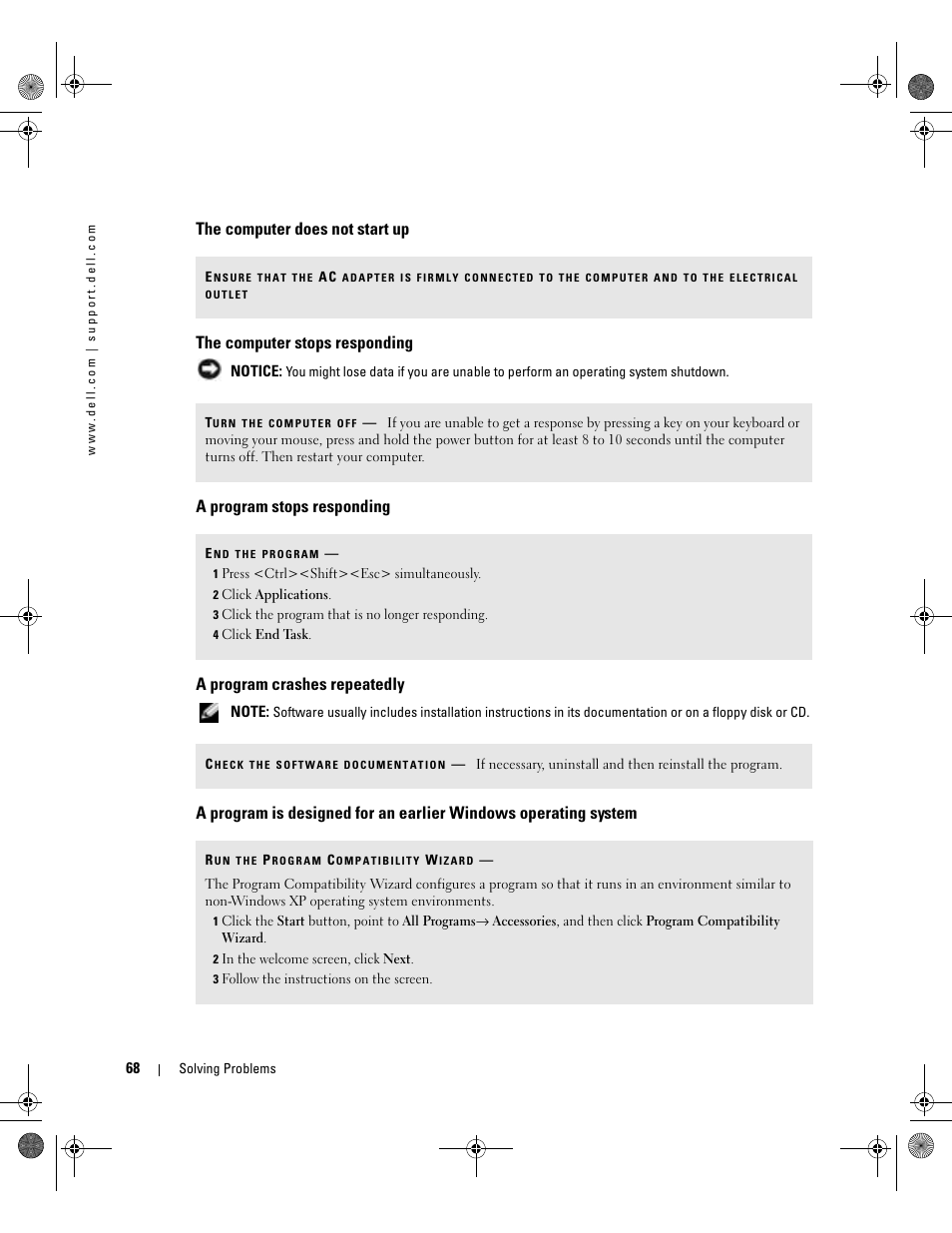 The computer does not start up, The computer stops responding, A program stops responding | A program crashes repeatedly | Dell Inspiron XPS Gen 2 User Manual | Page 68 / 134