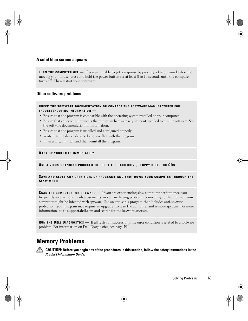 A solid blue screen appears, Other software problems, Memory problems | Dell Inspiron XPS Gen 2 User Manual | Page 69 / 134