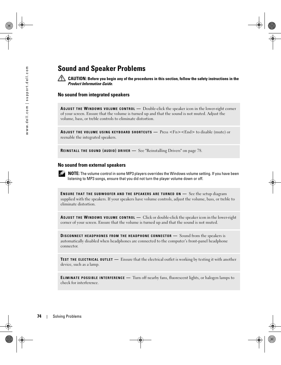 Sound and speaker problems, No sound from integrated speakers, No sound from external speakers | Dell Inspiron XPS Gen 2 User Manual | Page 74 / 134