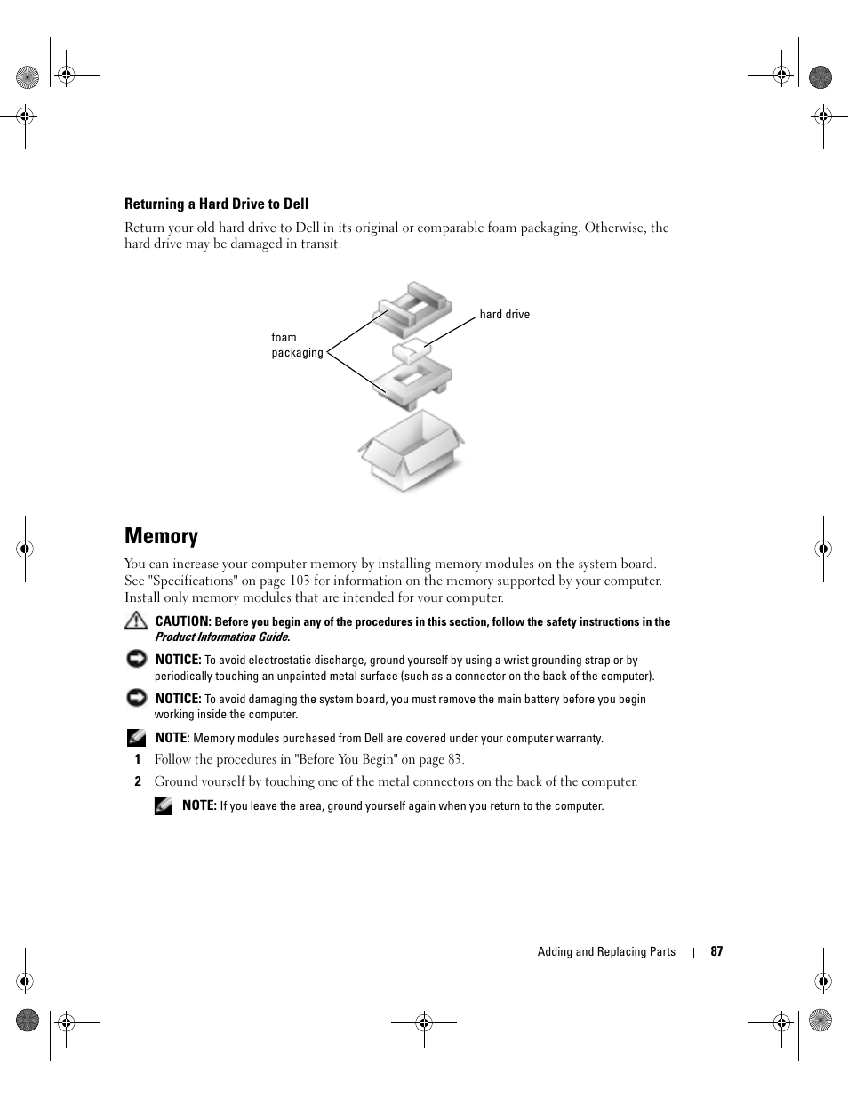 Returning a hard drive to dell, Memory | Dell Inspiron XPS Gen 2 User Manual | Page 87 / 134