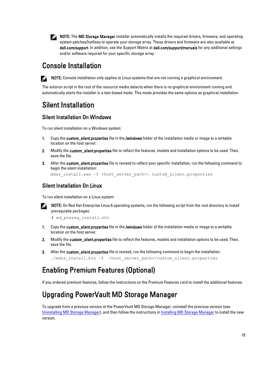 Console installation, Silent installation, Silent installation on windows | Silent installation on linux, Enabling premium features (optional), Upgrading powervault md storage manager | Dell PowerVault MD3260i User Manual | Page 19 / 55