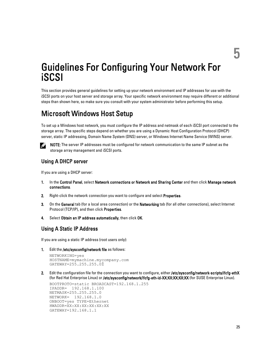 Guidelines for configuring your network for iscsi, Microsoft windows host setup, Using a dhcp server | Using a static ip address | Dell PowerVault MD3260i User Manual | Page 25 / 55