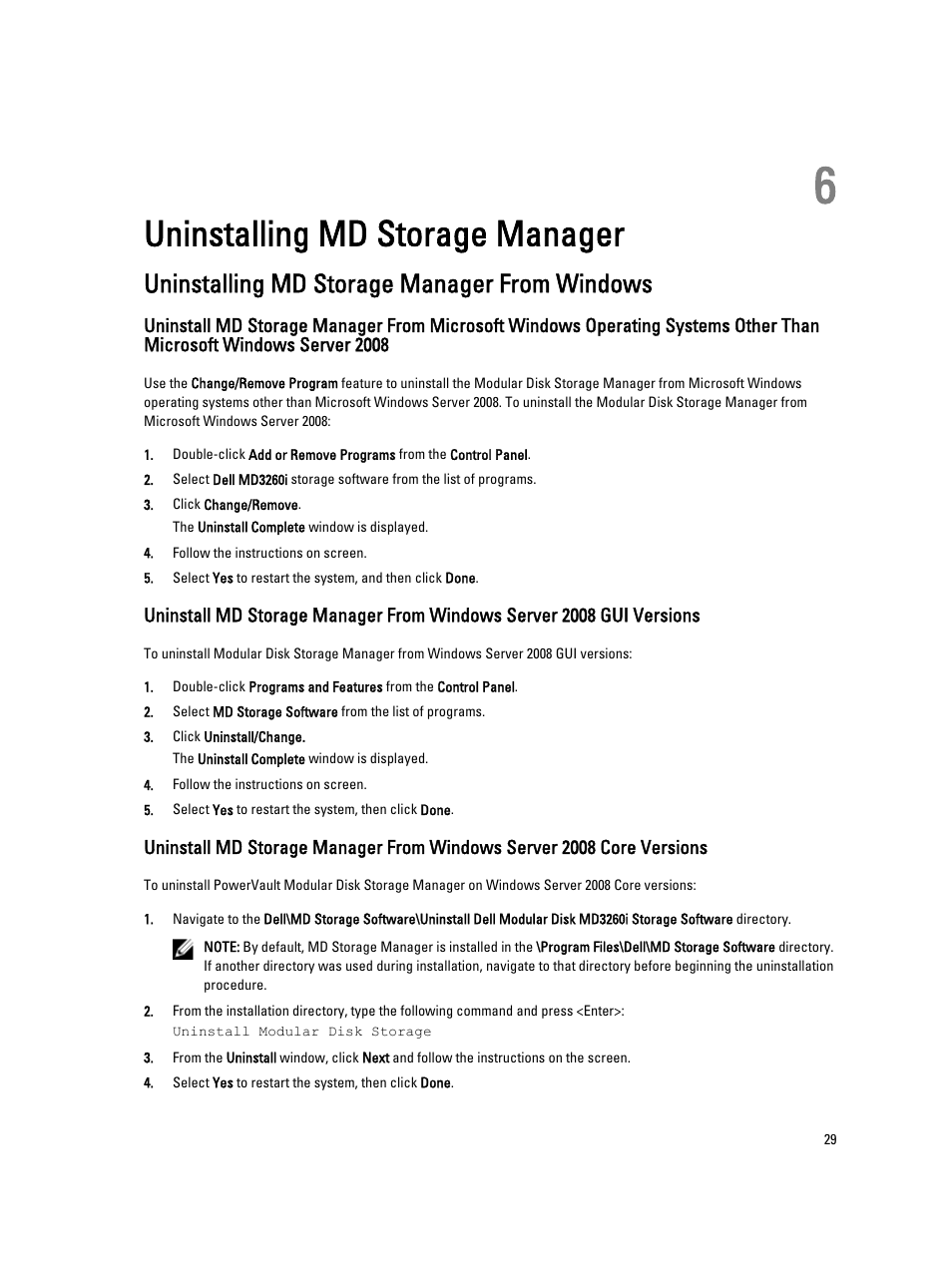 Uninstalling md storage manager, Uninstalling md storage manager from windows, 6 uninstalling md storage manager | Dell PowerVault MD3260i User Manual | Page 29 / 55
