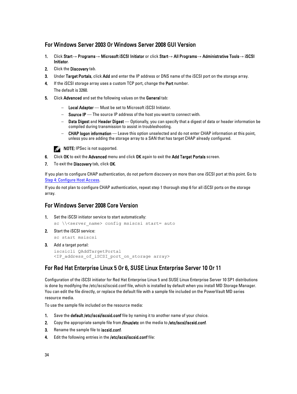 For windows server 2008 core version | Dell PowerVault MD3260i User Manual | Page 34 / 55