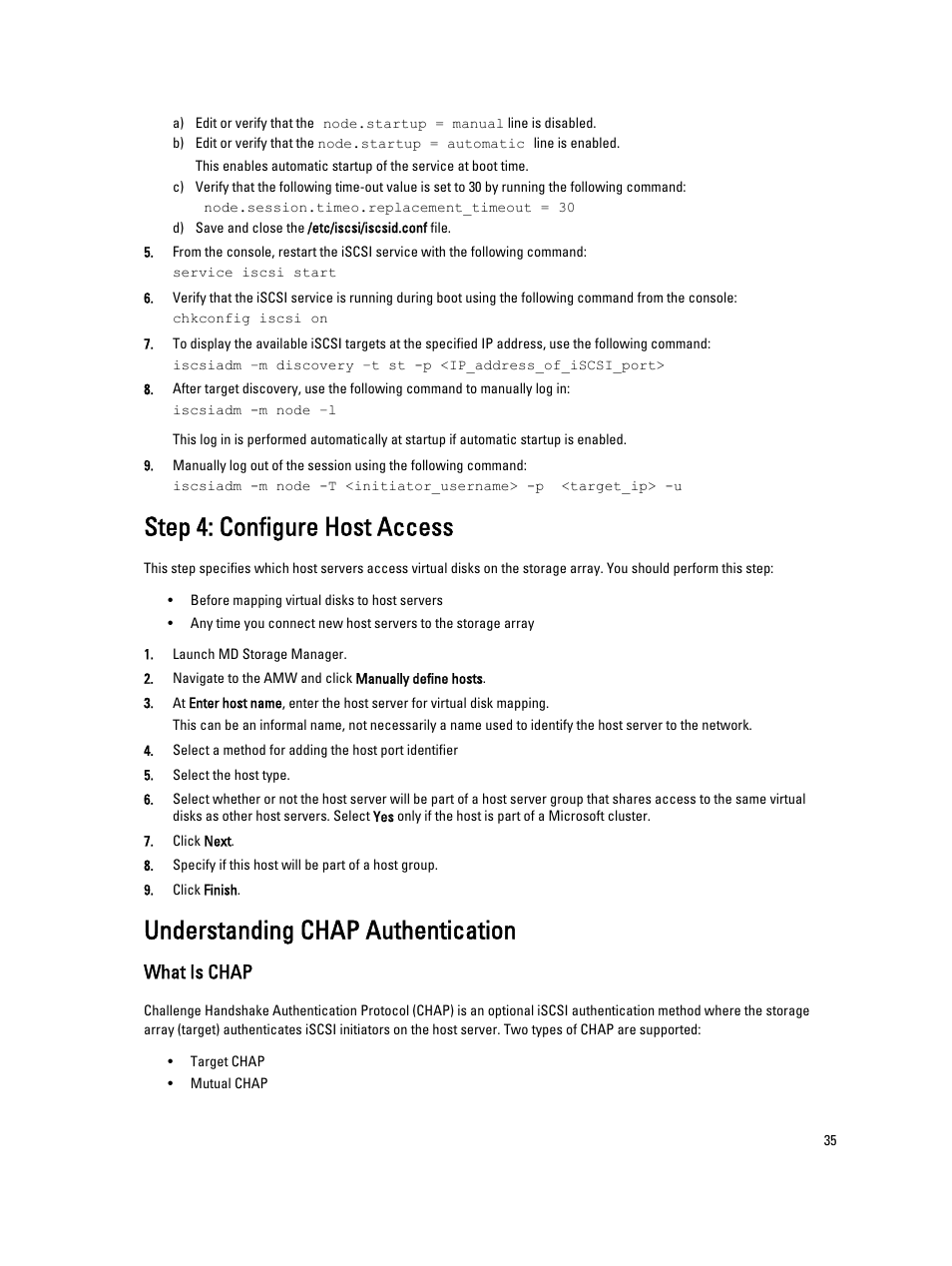 Step 4: configure host access, Understanding chap authentication, What is chap | Dell PowerVault MD3260i User Manual | Page 35 / 55