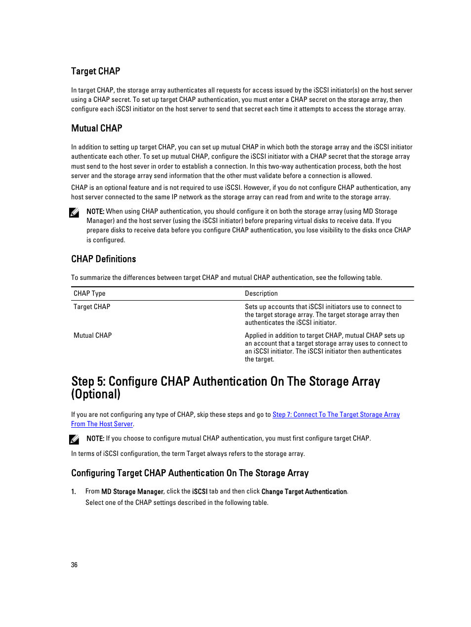 Target chap, Mutual chap, Chap definitions | Dell PowerVault MD3260i User Manual | Page 36 / 55