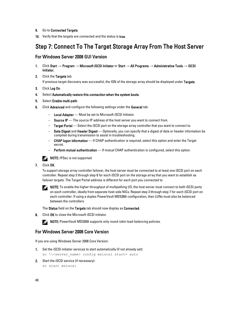 For windows server 2008 gui version, For windows server 2008 core version | Dell PowerVault MD3260i User Manual | Page 40 / 55