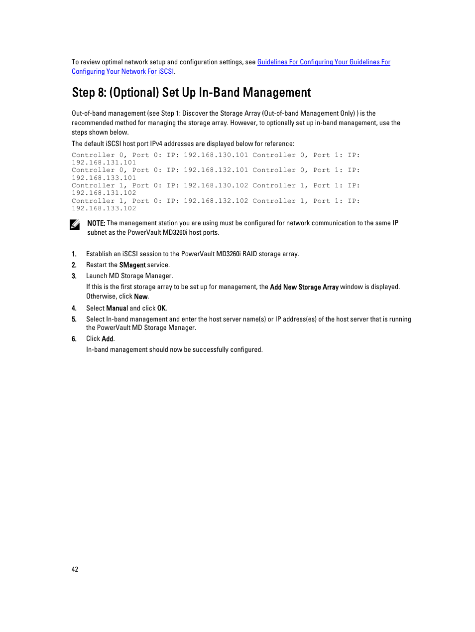 Step 8: (optional) set up in-band management | Dell PowerVault MD3260i User Manual | Page 42 / 55